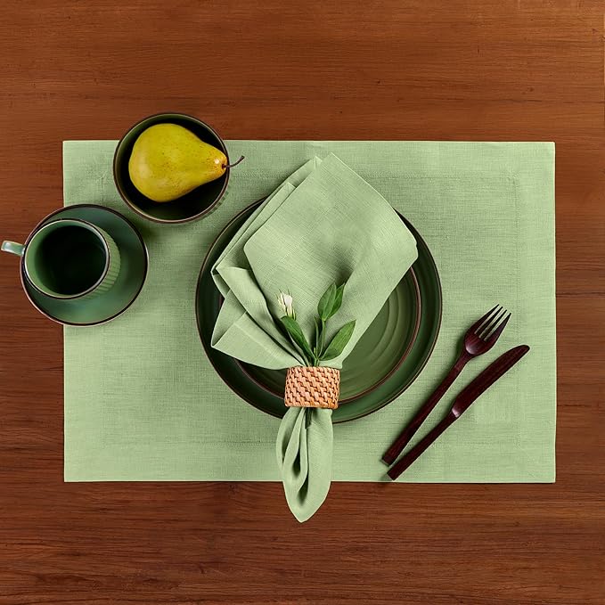 Solino Home Linen Placemats Set of 4 - Laurel Green Placemats 14 x 19 Inch - 100% Pure Linen Table Place Mats for Fall, Autumn, Thanksgiving - Fete