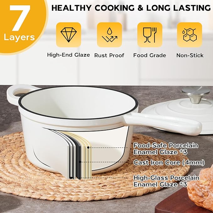 Onader 2 Quart Saucepan Dutch Oven, Enameled Cast Iron Sauce Pan Pot with Lid, Small Cooking Kitchen Pot, Nonstick & Oven Safe – White