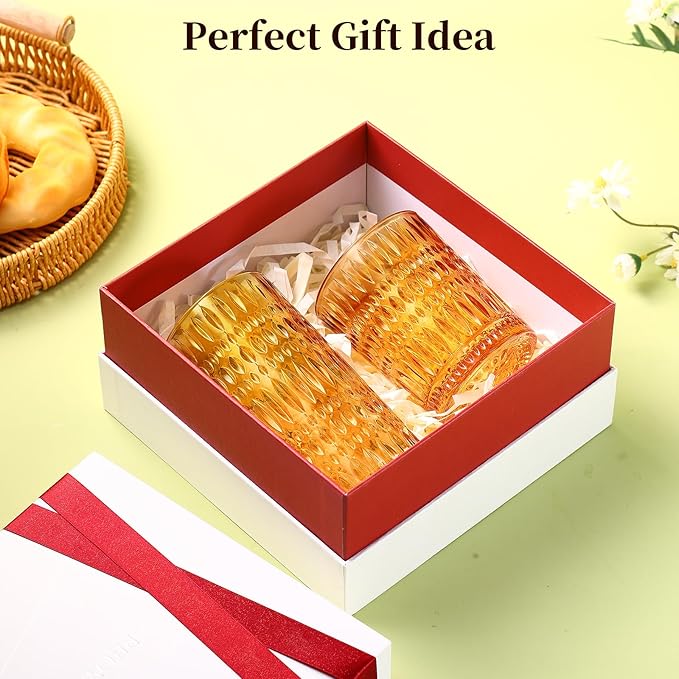 Glassware Drinking Glasses Set of 8, 14 oz Highball Glasses & 10 oz Ribbed Glass Cups, Vintage Glassware for Water, Juice, Cocktail (Thanksgiving Amber)