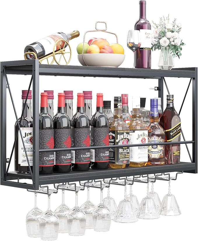 Dokser Wine Rack Wall Mounted Shelf - 2 Tier, Rustic Wood & Industrial Iron Frame Wine Bottle Holder for Kitchen, Dining Room, Home Bar Decor (Black)