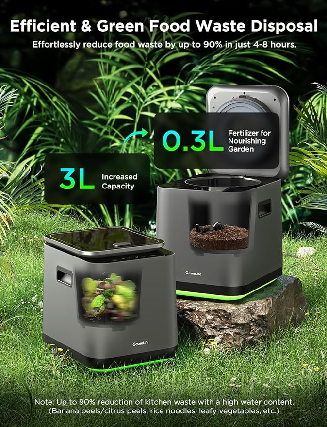 GoveeLife Smart Electric Composter for Kitchen, 3L Compost Bin Indoor with App & Voice Control, Auto-Cleaning, 3 Modes, Turn Food Waste to Fertilizer for Garden, Food Waste Compost Machine