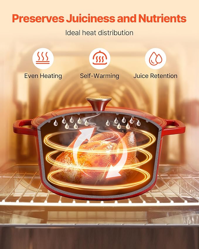 VEVOR Enameled Cast Iron Dutch Oven, 6 Quart Pot with Lid and Dual Handles, Heavy-Duty Durable Cookware Pan, Oven Induction Compatible up to 500℉, for Braising, Stews, Roasting, Bread Baking, Red