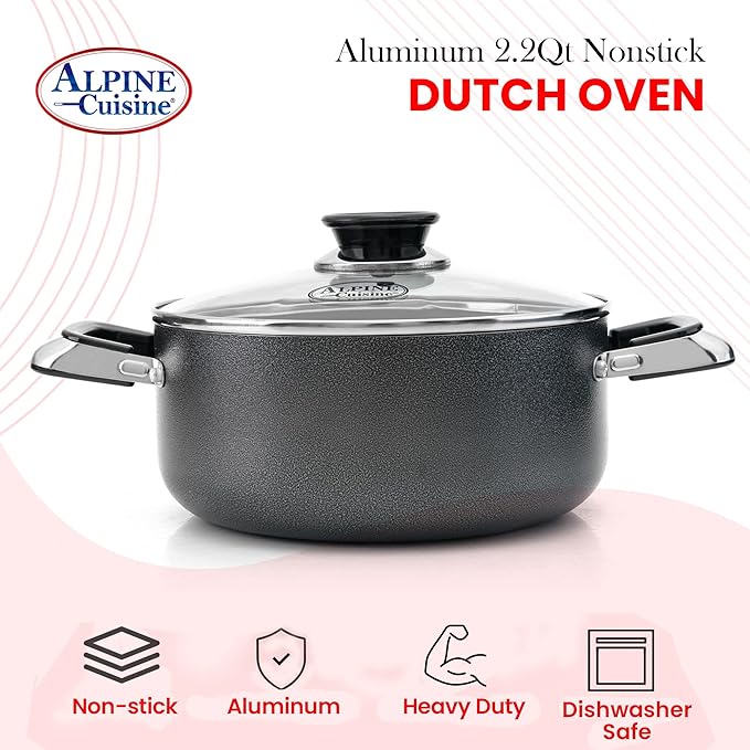 Alpine Cuisine 2.2 Quart Non-stick Stock Pot with Tempered Glass Lid and Carrying Handles, Multi-Purpose Cookware Aluminum Dutch Oven for Braising, Boiling, Stewing