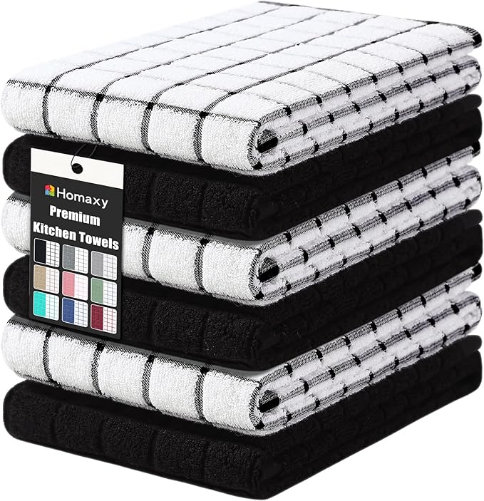 Homaxy Premium Cotton Kitchen Towels 16"x 28", Large Natural Ring Spun 390 GSM Dish Towels, Super Absorbent Terry Kitchen Hand Towels, Soft Tea Towel with Hanging Loop, Black Check Design, 6 Pack