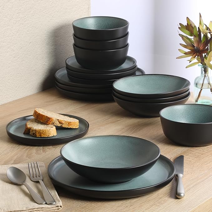 Gibson Elite Tribeca Loft 16-Piece Dinnerware Set – Matte Black and Green Reactive Glaze Stoneware, Double Bowl Round Plates and Bowls – Modern Rustic Tableware for 4, Dishwasher & Microwave Safe