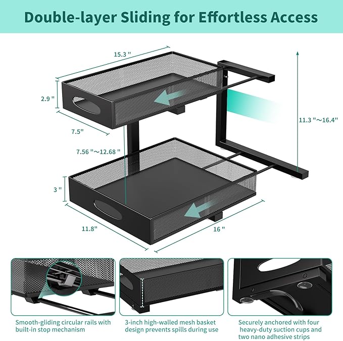 Under Sink Organizer, Extra-Wide Upgrade, 1-Pack of 2-Tier Metal Slide Out Cabinet Organizer, Height Adjustable Organization and Storage Series, Bathroom/Cabinet/Kitchen organization, Black