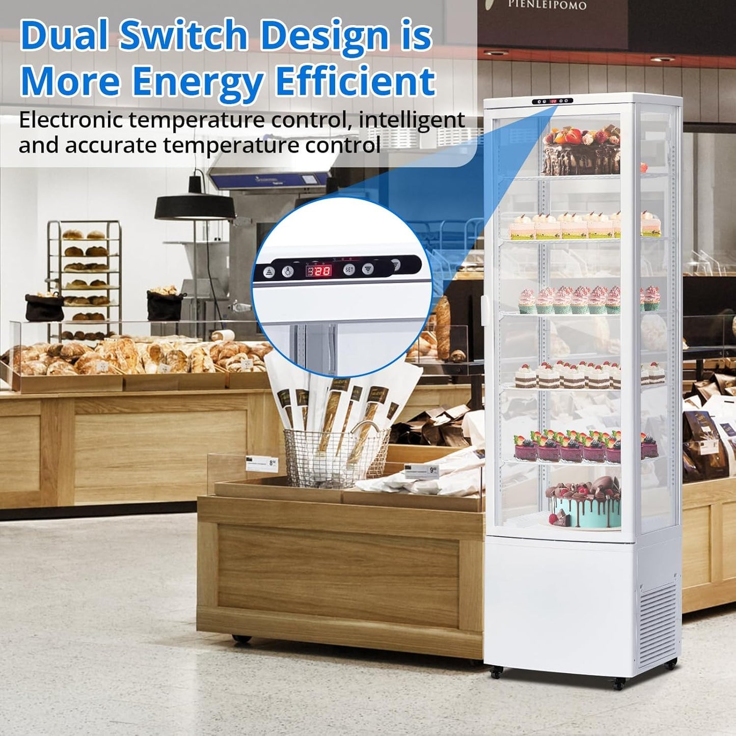 10.5 Cu.Ft Refrigerated Display Case, Floor-Standing Display Refrigerator with LED Light and Adjustable Shelves, Commercial Display Fridge with Casters for Cakes, Coffee, Bakery, Supermarkets, Store