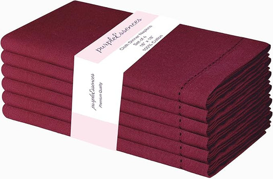 PurpleEssences Set of 6 Hemstitch Cloth Dinner Napkins 100% Cotton - Soft Durable Washable - Ideal for Wedding Christmas Holiday Winter - Perfect Everyday Use Table Linen 18x18 - Burgundy