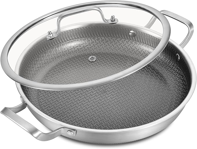 LOLYKITCH 12 In Nonstick Frying Paella Pan with Side Handles & Lid, Ceramic Coating, Tri-ply Stainless Steel, Induction Compatible, PFOA-free, Oven Safe to 600°F, Dishwasher-safe