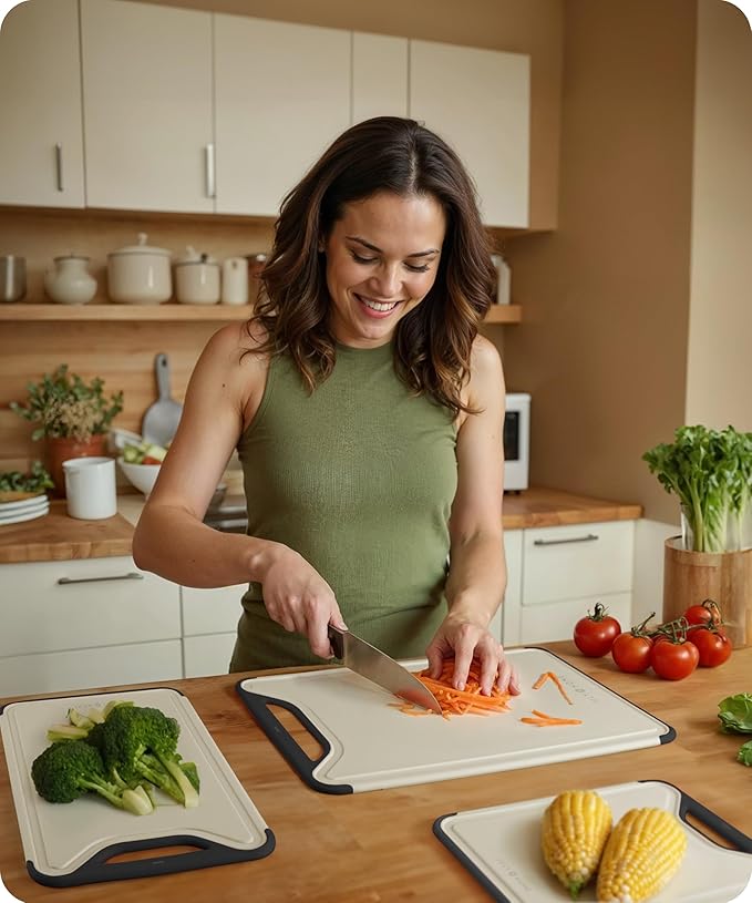 𝐏𝐫𝐞𝐦𝐢𝐮𝐦 𝐓𝐡𝐢𝐜𝐤 Cutting Boards for Kitchen, Plastic Cutting Board Set of 3, Dishwasher Safe Cutting Boards w/Juice Grooves for Meat, Veggies, Easy Grip Handle, Easy Grip Handle