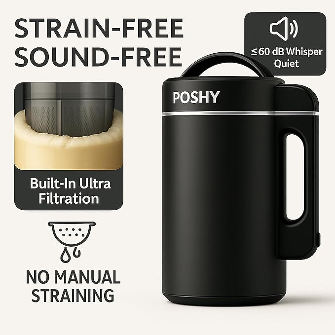 Poshy Nut Milk Maker 50 oz (1.5 L) – Ultra Filtration (No Mesh Bags), Self-Clean, Quiet Motor, Texture Control – Almond/Oat/Soy – Stainless Steel, 120V
