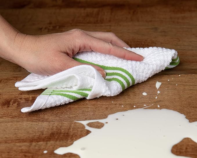 Sticky Toffee Cotton Dishcloths Set of 8 – Green and White Dish Towels 12x12 in, Reusable and Absorbent Tea Towels for Cleaning or Drying, Oeko-Tex Cotton