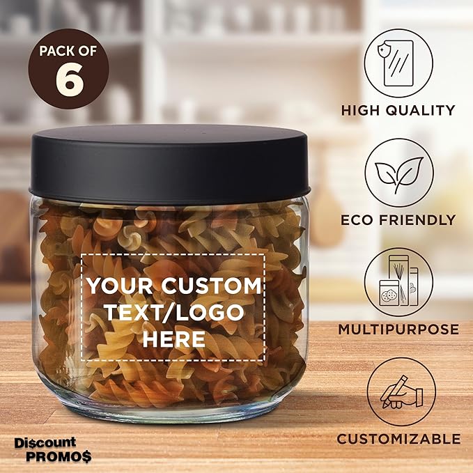 DISCOUNT PROMOS Custom Luminous 23 oz.Storage Jars Set of 6, Personalized Bulk Pack - Durable Kitchen Organization, Home Decor Essentials, Food Storage Solutions - Clear