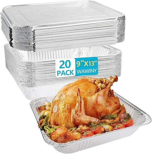 9x11 In Aluminum Pans with Lids, Extra Deep Disposable Baking Pans for Roasting, Baking, Cooking, Food Prep, Chafing, Steam Table, Oven, Cake, and Party Catering. (20-with lids)