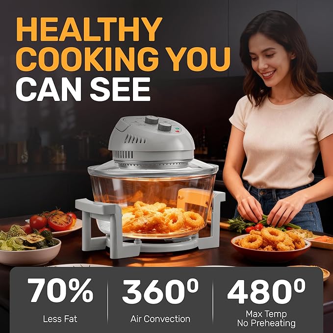 Big Boss 16Qt Large Glass Air Fryer Non Toxic – Family Sized Large Halogen Oven Cooker with 3 Cooking Sections, Stainless Steel Racks, French Fries, Chicken, No Preheat, Self Cleaning, Dishwasher Safe