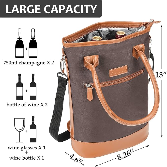 Tirrinia Insulated Wine Gift Carrier Tote - Travel Padded 2 Bottle Wine/Champagne Cooler Bag for Portable Wine Bottle Carrying Case, Women Men Event party, Gift for Wine Lovers