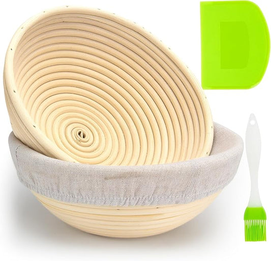 Banneton Bread Proofing Basket 8.5 Inch Sourdough Baking Rising Banaton Proofer Box Warmer Baskets Round Bowl Cover Bowls Making Small Bulk Set of 2 Kit Supplies Tools Rattan for Home Bakers Gifts