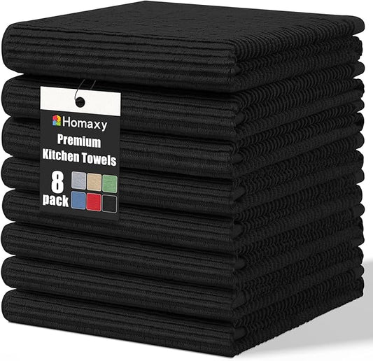 Homaxy Premium Kitchen Towels (18"x 28", 8 Pack), Large 100% Cotton Kitchen Hand Towels, Ultra Absorbent Ribbed Terry Tea Towels Set with Hanging Loop, Black