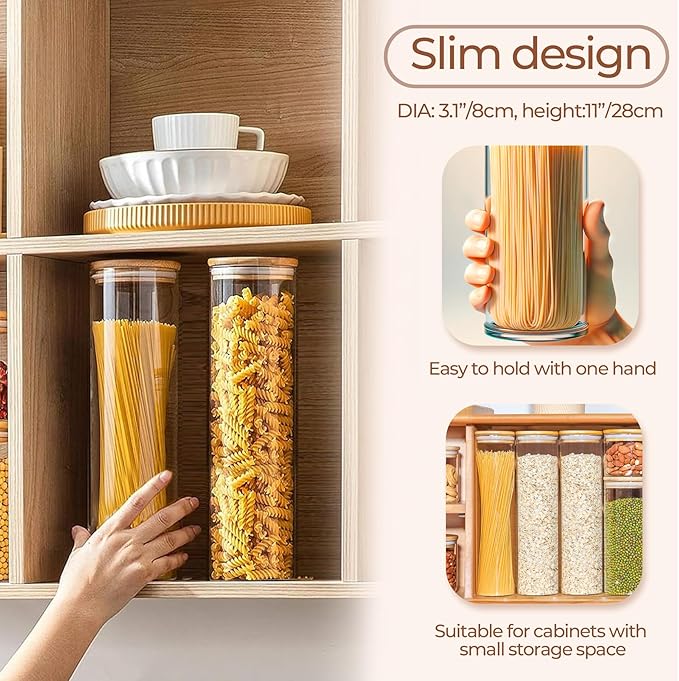 ComSaf Glass Spaghetti Pasta Storage Container for Kitchen Pantry with Lids 41oz Set of 3, Tall Clear Airtight Food Storage Jar with Sealing Wood Cover for Coffee, Sugar, Noodles, Linguini, Lasagna