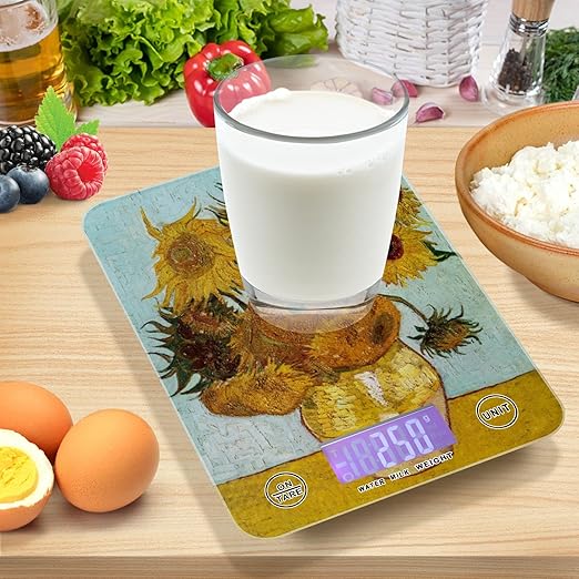 Food Scale Kitchen Digital Scale Food Ounces and Grams Dieting Baking Cooking Waterproof Glass Panels LCD Display,4 Units Scale Tare Function Vangogh Sunflower Yellow