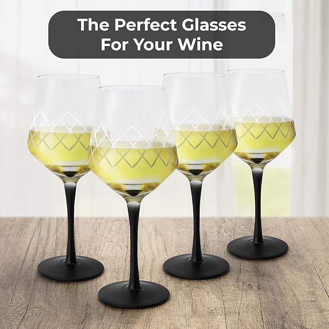 MIAMIO Premium Crystal Wine Glasses, Set of 4 with Black Long Stem, Unique Crystaluna Collection