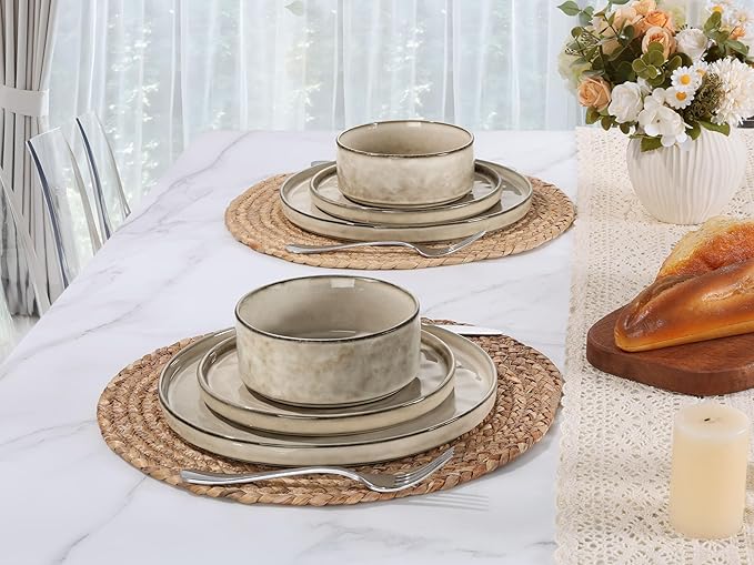LIANYU Plates and Bowls Dinnerware Sets, 12 Piece Stoneware Dishware Set for 4, Dish Tableware Sets Includes Dinner Salad Plates Cereal Bowls, Chip & Scratch Resistant, Polar White & Sandy Beige