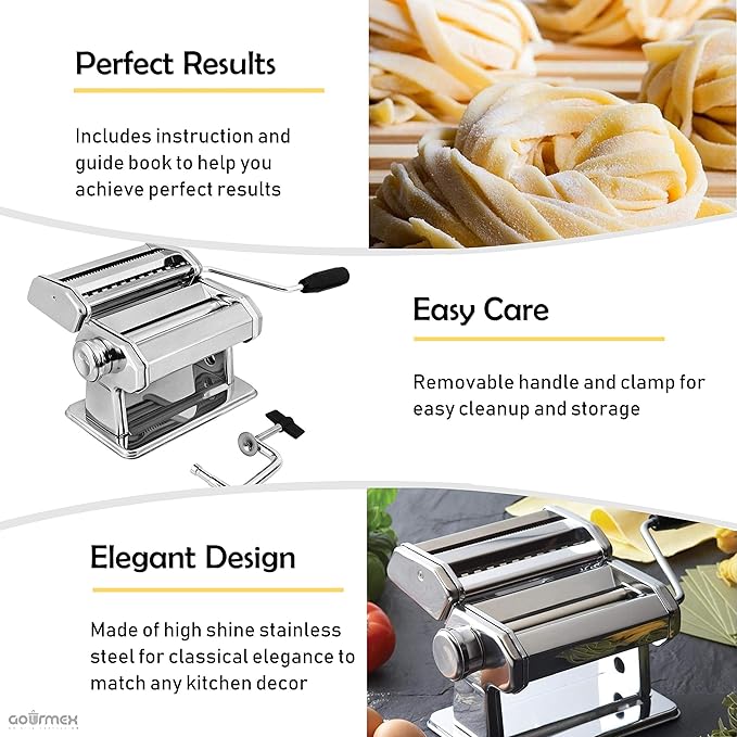 GOURMEX Pasta Maker Machine Stainless Steel Manual | With Adjustable Thickness Settings | Perfect for Homemade Spaghetti Fettuccini Noodles and Lasagna | Includes Removable Handle and Clamp (Silver)