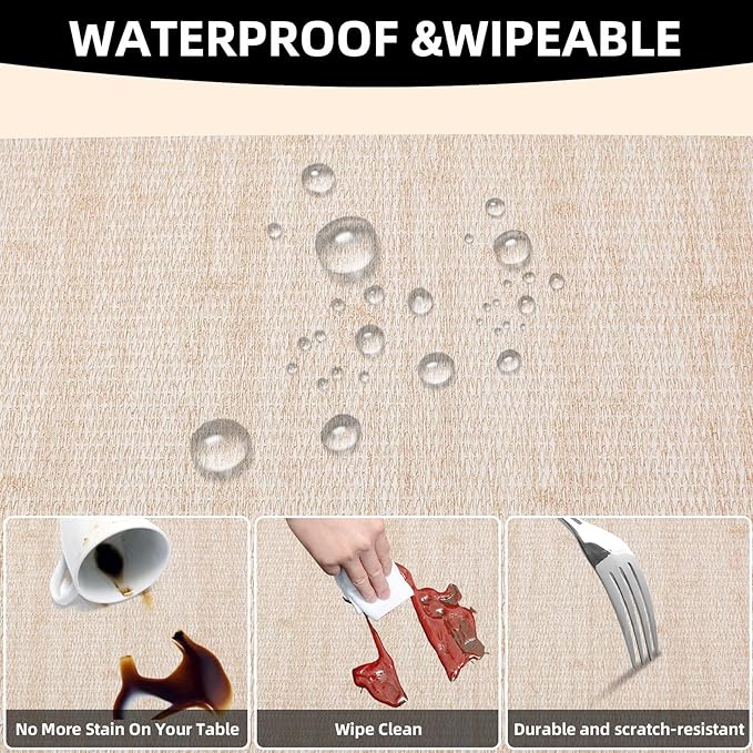 Vinyl Placemats Set of 6-12×17.7 Inch Waterproof & Heattable Placemats, Fall Faux Leather Wipeable Outdoor Table Mat for Dining, Kitchen, Indoor Outdoor Use (Beige, Linen Texture)