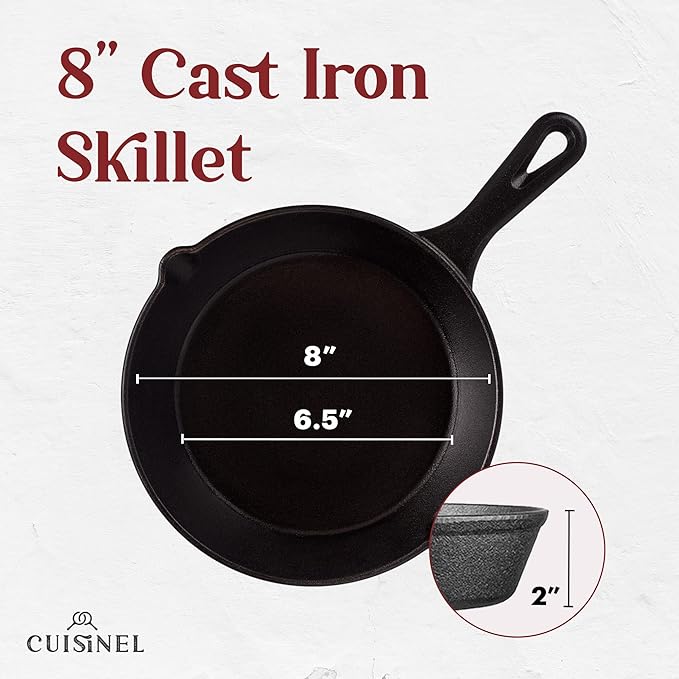 Cuisinel Cast Iron Skillet with Lid - 8"-Inch Frying Pan + Glass Cover + Silicone Grip Handle Holder - Pre-Seasoned Cookware - Indoor/Outdoor, Grill, Stovetop, Camping Fire, Induction Oven Use