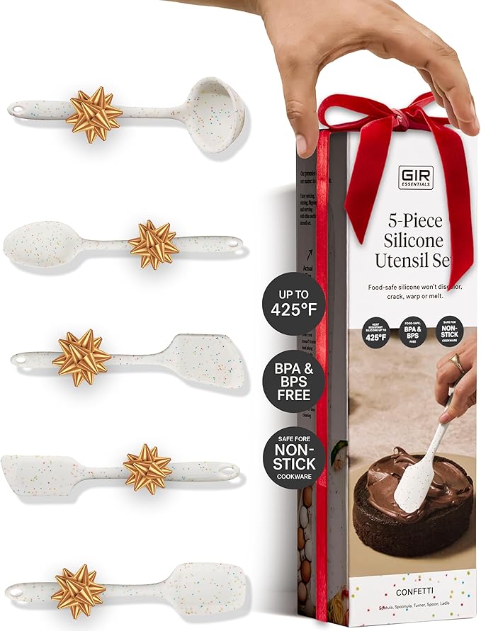 GIR: Get It Right 5-Piece Silicone Essentials Kitchen Utensils Set - Ladle, Spatula, Flip, Spoon & Spoonula - Non-Toxic Cooking Utensils for Nonstick Cookware, Cooking and Baking - Party Confetti