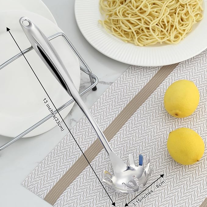 Pleafind Spaghetti Spoon, One-Piece Stainless Steel Pasta Spoon, 13-Inch Comfort Grip Design Pasta Scoop, Spaghetti Strainer with Teeth, Silver Pasta Server Utensil