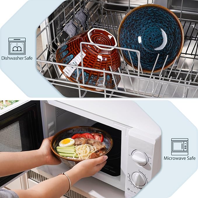 NUTRIUPS Ceramic Ramen Bowl Set of 2 Noodles Bowl with Chopsticks and Spoons, 50oz Large Ramen Bowl- Peacock Tail