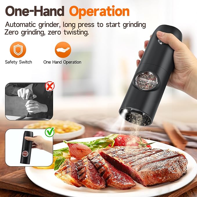 Electric Salt and Pepper Grinder Set (2 Pack), USB Rechargeable One Hand Operation, Adjustable Coarseness Mill Grinders Shakers LED Light, Automatic Pepper Grinder for Kitchen Gadgets Gifts