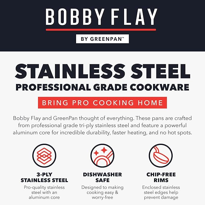 GreenPan x Bobby Flay Stainless Steel 12” Frying Pan Skillet & Glass Lid, Professional Grade Tri-Ply, Multiclad, PFAS-Free Ceramic Nonstick, Induction Suitable, Dishwasher & Oven Safe,Stay Cool Handle