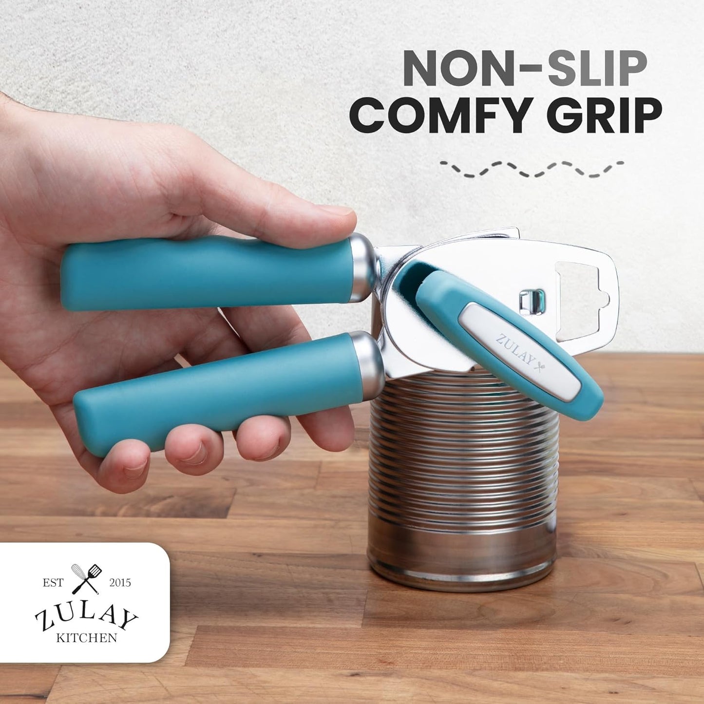 Zulay Kitchen Heavy Duty Stainless Steel Can Opener Manual with Bottle Opener - Rust Proof Manual Can Opener With Turn Knob & Comfy Soft Grip Handles - Dusty Blue