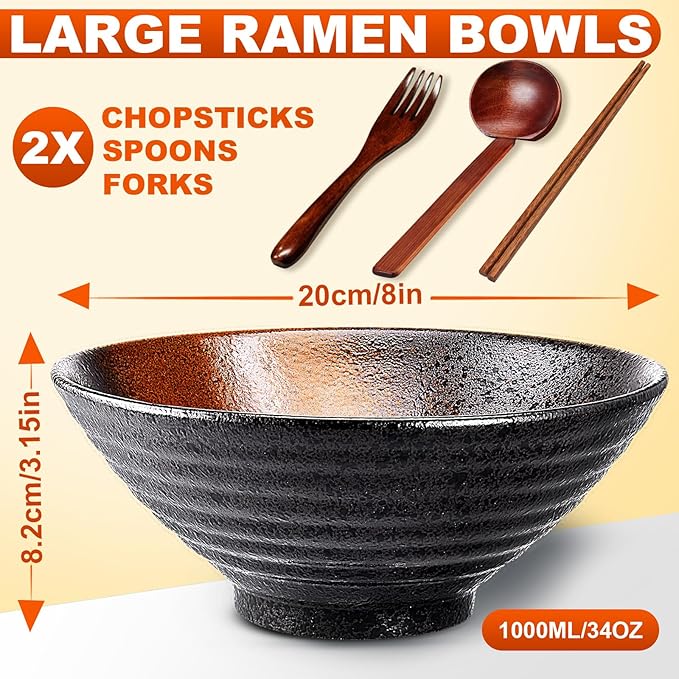 8-Inch Large Ceramic Ramen Bowl Set of 2 (9 Piece) - Microwave & Dishwasher Safe Porcelain Japanese Salad Noodles Cereal Fruit Pasta Soup Bowls with Recipes Chopsticks Forks Spoons for Men Women Gift