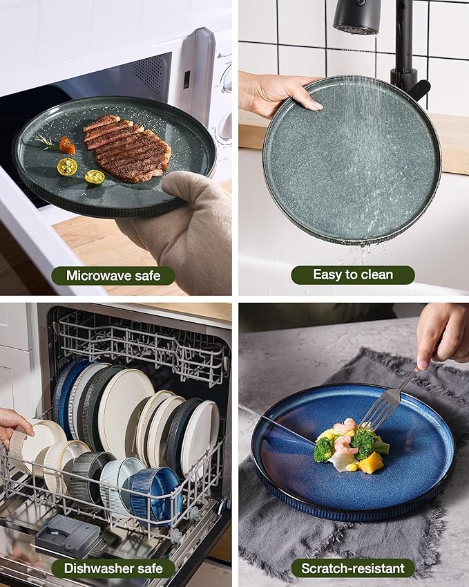 famiware Star Dinnerware Set, Plates and Bowls Sets for 6 (18pcs), Ribbed Stoneware Dishes - Chip & Scratch Resistant, Microwave & Dishwasher Safe Kitchenware, Deep Forest