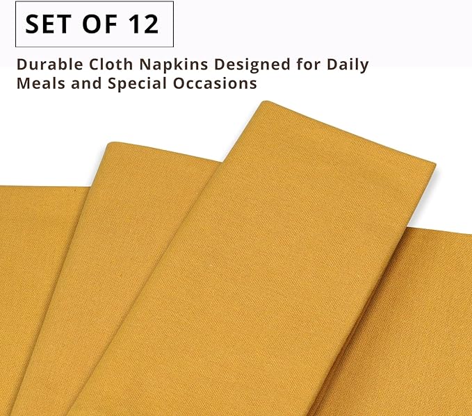 PurpleEssences Set of 12 Cloth Dinner Napkins 100% Cotton 18x18 Inch - Soft Durable Washable - Ideal for Farmhouse Party Christmas Holiday Winter - Perfect Everyday Use Table Linen - Golden Yellow