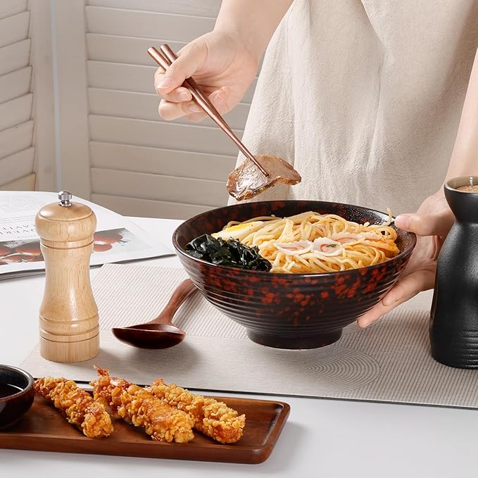 NUTRIUPS 8 Inch Ceramic Ramen Bowl Set of 2 Pho Bowls 40oz Japanese Noodle Udon Soup Bowls with Spoons and Chopsticks (Lava Burst Red)