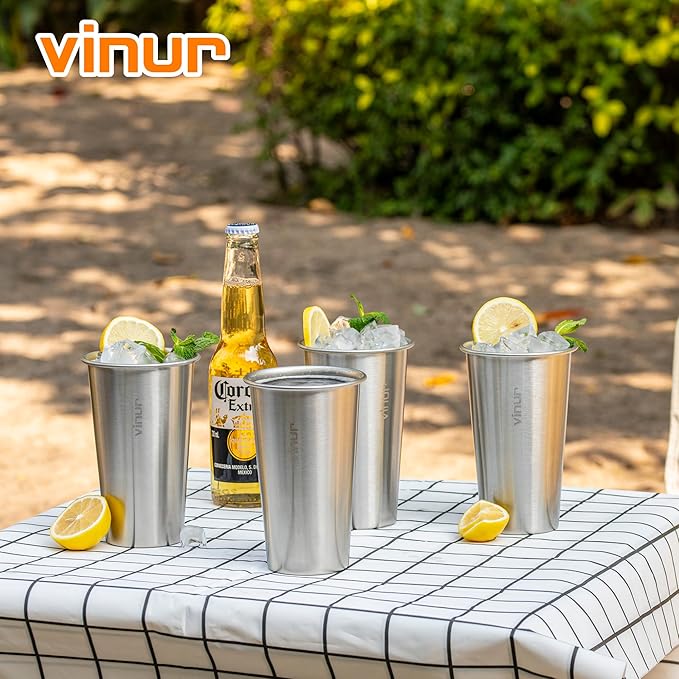 VINUR 4 Pack Stainless Steel Cups 20 oz Pint Tumbler Stackable Metal Drinking Glasses for Travel, Camping, Outdoors (Silver)