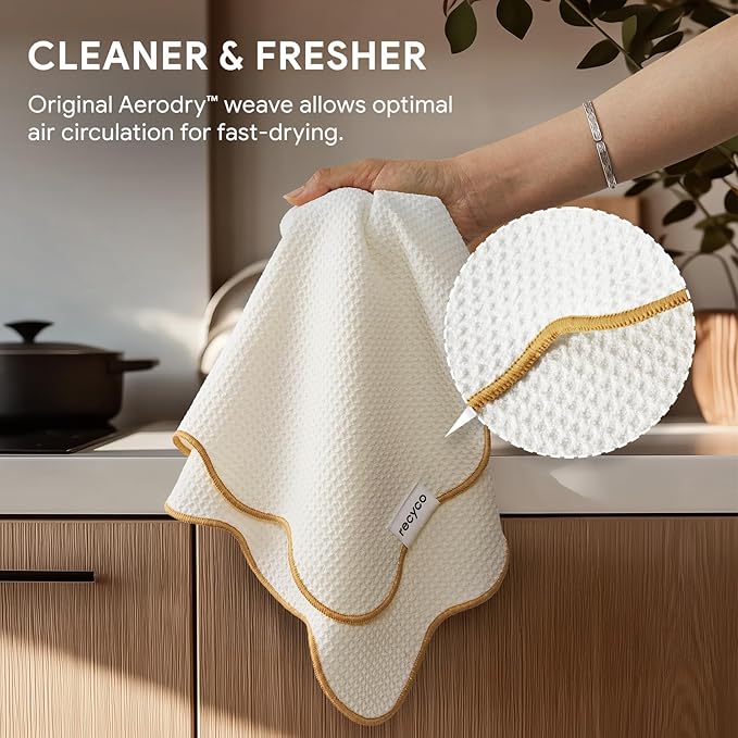 RECYCO Waffle Kitchen Towel Set of 2 - Quick Dry Microfiber Sustainable Dish Towels - Ultra Absorbent Reusable Cleaning Tea Towels - Lightweight Hand Towels,16”x 28”, Gold Yellow