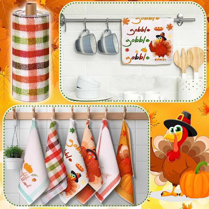 36 Pcs Thanksgiving Reusable Paper Towels Rolls Washable Bulk Thanksgiving Pumpkin Turkey Kitchen Towels Paperless Reusable Cloth Cotton Napkins with Cardboard for Kitchen Bathroom