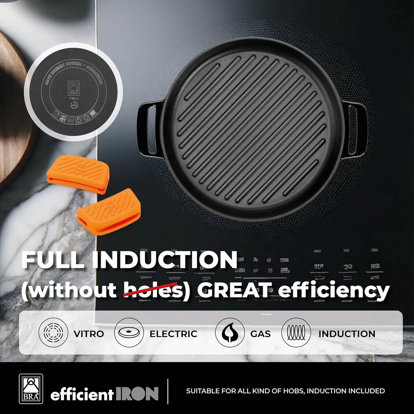 BRA COOKWARE Efficient Iron Round Smooth Grill | 12.6 inches Cast Iron Round Griddle | All Heat Sources Compatible | PFOA Free | Without Non-Stick | Silicon Handle | Non Deformable