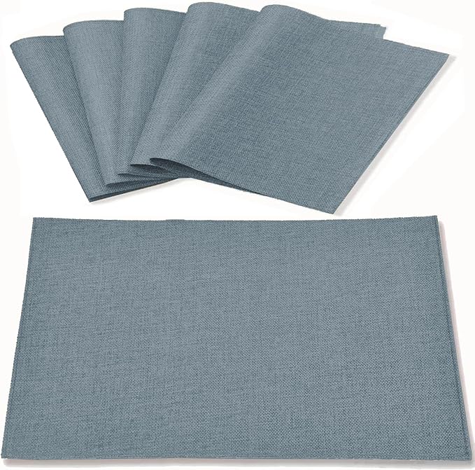 Linen Fabric Placemats Set of 6, Machine Washable, Heat Resistant, Wrinkle Free, Thick Polyester Kitchen Place Mats for Dining Table (Light Gray)