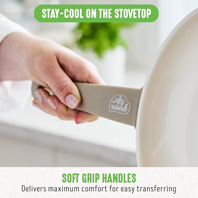 GreenLife 16 Piece Nonstick Cookware Set, Soft Grip Non-Toxic PFAS-Free Ceramic Pots & Pans, Dishwasher & Oven Safe, Frying, Sauce, Saute, Utensils, Glass Lids, Stay-Cool Handles, Wobble Free, Taupe