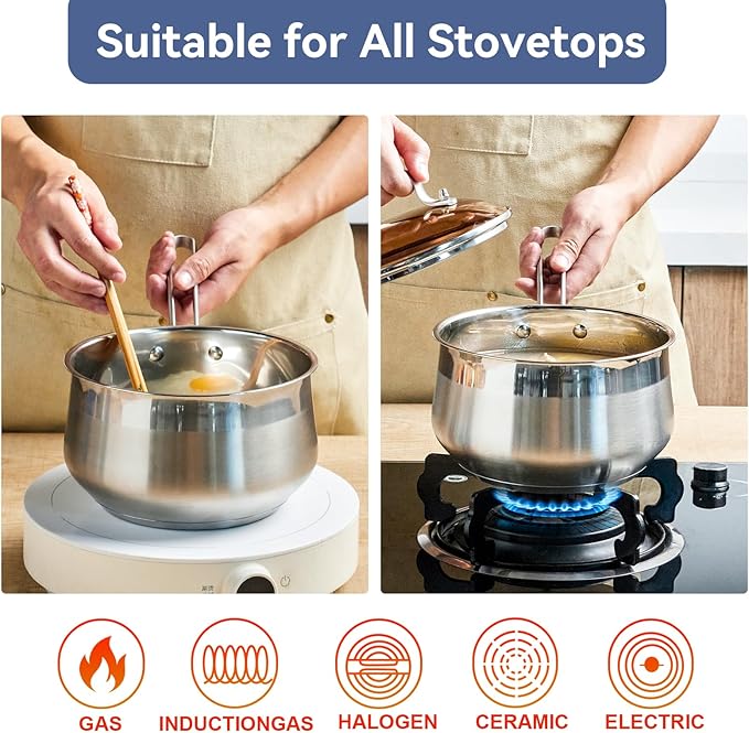 Stainless Steel Saucepan with Steamer Basket, 2.5 QT Cooking Pot All Stove Compatible - Soup Pot Perfect for Cooking Gravies, Pasta, Vegetable and More