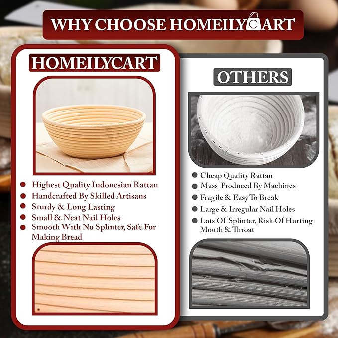 Banneton Bread Proofing Basket Set - 9" Round & 10" Oval Rattan Sourdough Proofing Basket and Sourdough Bread Baking Supplies for Home Bakers
