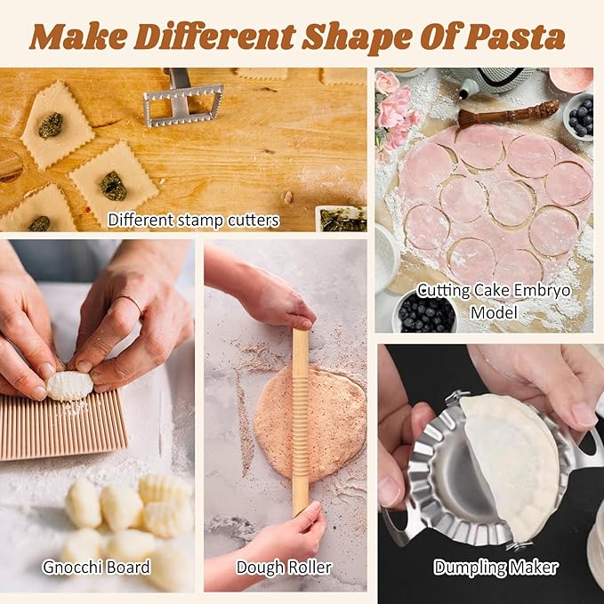 10 Pcs Pasta Making Tools Kit, Wooden Threaded Rolling Pin, Rolling Pin With Scales, Gnocchi Board, Dough Scraper, Dumpling Maker, 5 Ravioli Stamp Maker Cutter For Pasta Maker And Kitchen DIY Gift