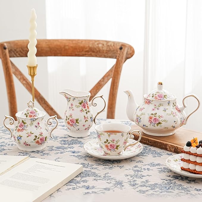 tea cups and saucers ceramic coffee mug 6oz for Coffee, Latte, Cafe Mocha and Tea-Set of 4, white with flowers
