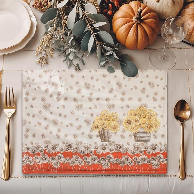 Maison d' Hermine Placemats Set of 4 100% Cotton Washable Cloth Place Mats, Reusable Table Mats for Thanksgiving Christmas Decorations Kitchen Dining Party Wedding Restaurant (Bagatelle, 13" x 19")